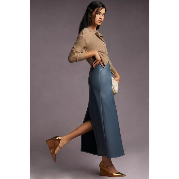 New Mare Mare x Anthropologie Faux Leather Column Skirt $148 PLUS 1X  Blue Slate - Picture 4 of 6